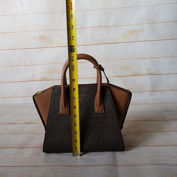 Michael Kors Signature Logo Avril Top Zip Satchel/Crossbody Handbag Small Brown - Picture 15 of 16